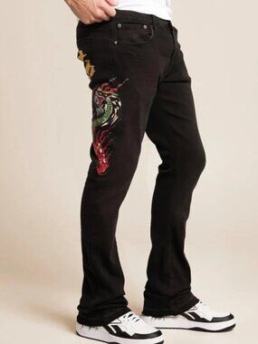 NWT Ed Hardy Denim Men’s  Ed Hardy Stacked Boot Cut Jeans Cobra Flame Black Wash